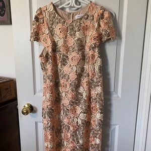 Beautiful peach, cream and tan crocheted dress with visible back zipper